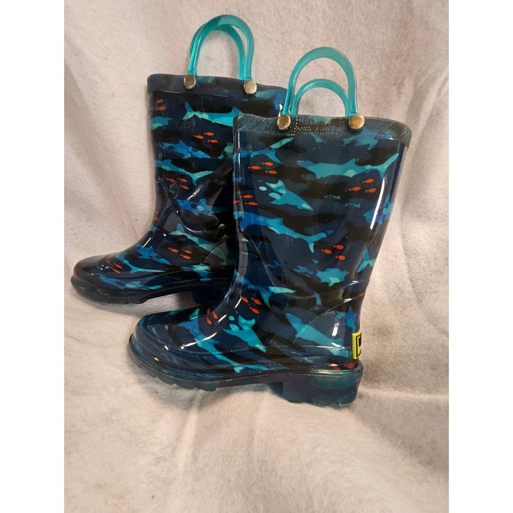 Western Chief Kids Shark Camo Lighted Rain Boots Blue Teal Orange Size 8 Toddler